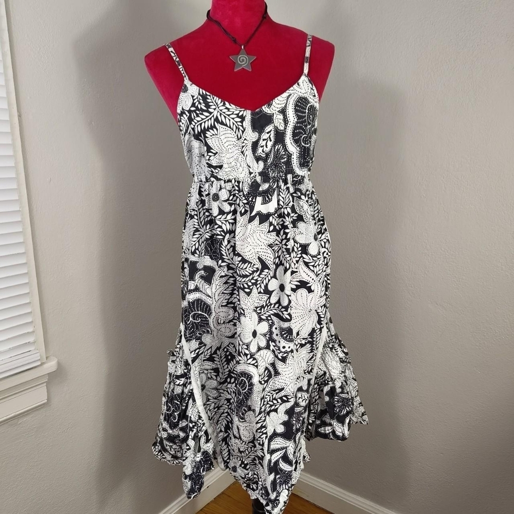 Y2K 2000s Black White French Euro Asymmetrical Sleeveless Summer Dress Large